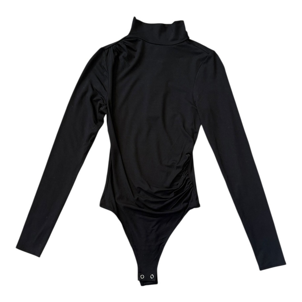 GOOD AMERICAN Black Turtleneck Long Sleeve Ruched Thong Bodysuit Size 0 XS NWT‎